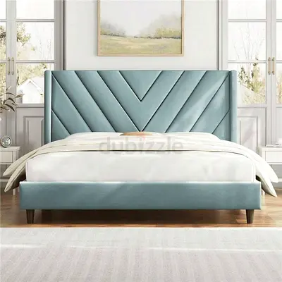 Modern Light Blue Velvet Upholstered Bed Frame