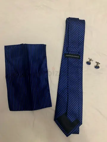 Men's blue striped premium tie set with pocket square and cufflinks (Jason and Vogue)