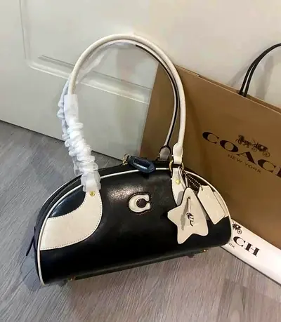 Coach black and white leather dome handbag - small satchel