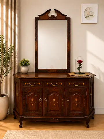 Antique Hand-Carved Solid Wood Sideboard with Mirror