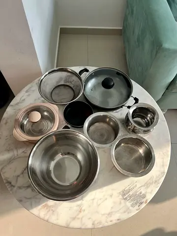 Set of stainless steel cooking pots and pans - lightly used, good condition