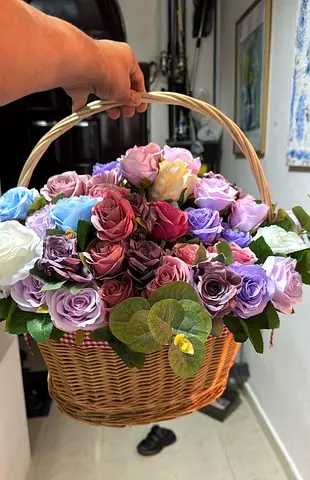 Wicker Basket with Assorted Artificial Roses - Ready-made Floral Arrangement decor