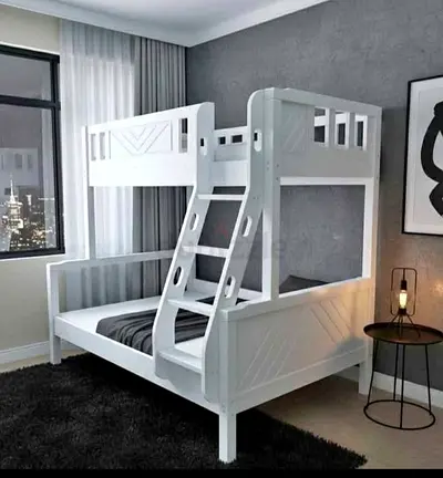 White Wooden Bunk Bed with Ladder — Double Lower Bed, Good Condition