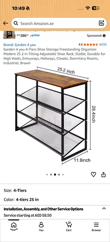 4-Tier Industrial Shoe Rack / Storage Shelf — Wood Top, Metal Frame, 25.2" W