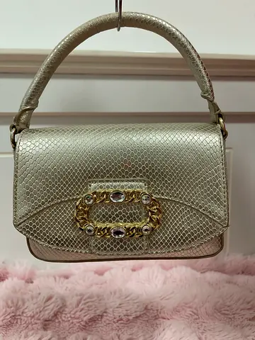 Gold textured mini handbag with jeweled clasp