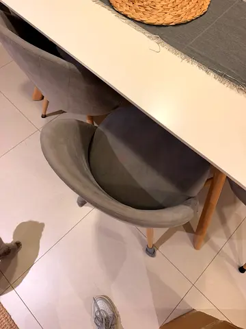 Modern Grey Padded Dining 6 Chairs with Wooden Legs and white table