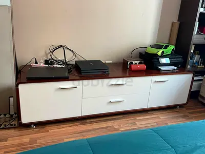 Low TV Unit / Media Cabinet - White and Wood Finish