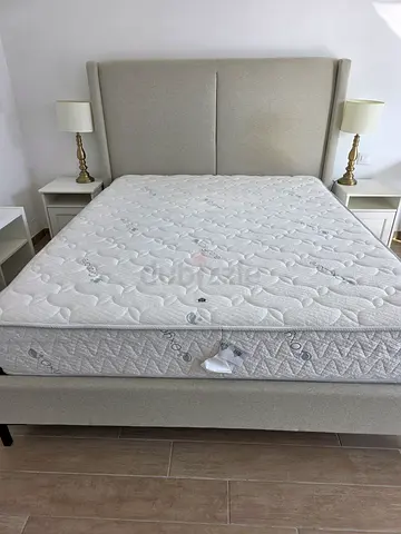 Queen bed frame with mattress and headboard - light grey, excellent condition