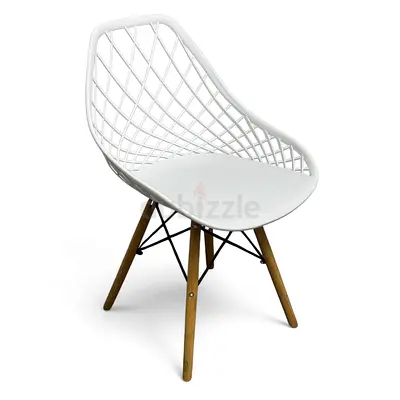 Modern White Mesh Plastic Chair with Wooden Legs