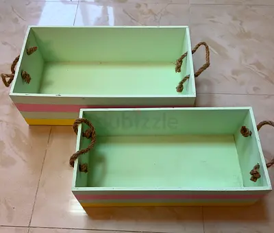 Set of 2 Wooden Decorative Multi Purpose Trays with Rope Handles