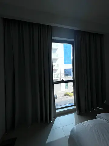 Grey blackout curtains set - good condition, ready to hang