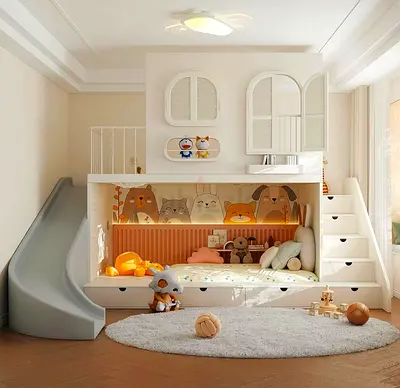 Kids Bunk Bed with Slide and Storage — Modern Crib/Bed Set