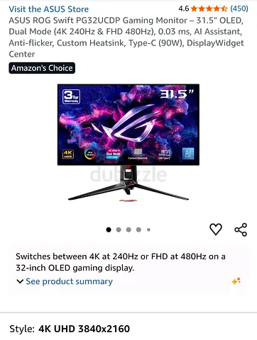 ASUS ROG Swift 31.5" OLED Gaming Monitor — 4K 240Hz / FHD 480Hz