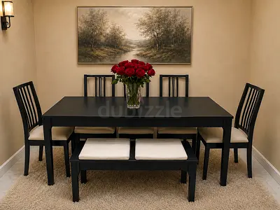 Pure wood Extendable dining table with chairs and bench IKEA like new