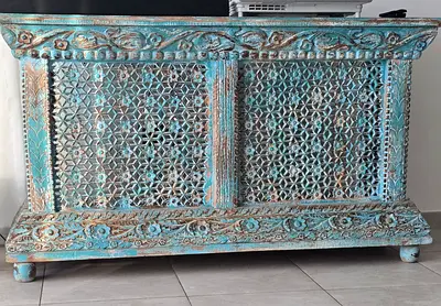 Hand-carved distressed turquoise wooden cabinet - vintage style