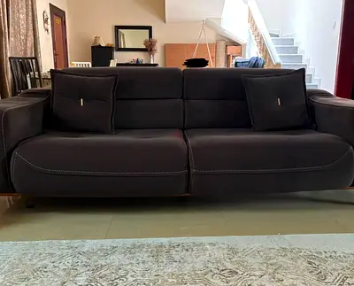 Dark brown 3-seater fabric sofa with cushions - good condition