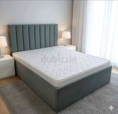 Queen size upholstered bed frame with mattress - grey