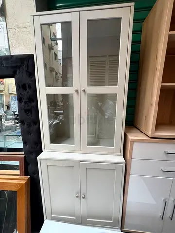 White Wood Glass-Front Display Cabinet with Lower Storage - Good Condition