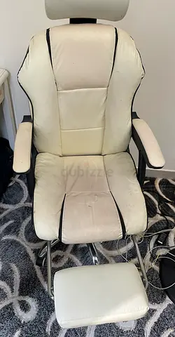 White faux leather reclining office chair with footstool — used