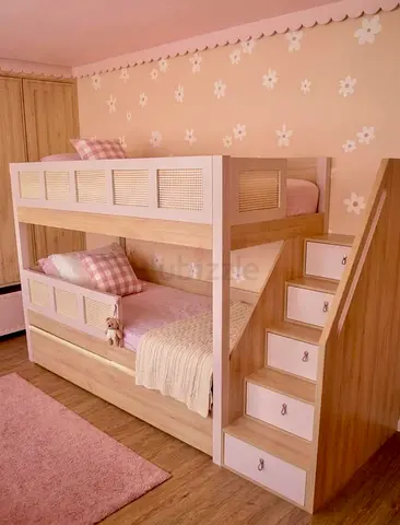 Wooden Bunk Bed with Storage Stairs and Mesh Panels