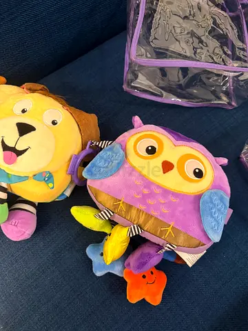 Set of 2 Plush Baby Activity Toys — soft books - Owl and Lion with Clips