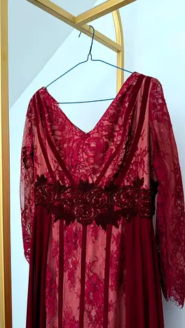 Maroon Lace Evening Dress with Embroidered Waist - Size Unknown