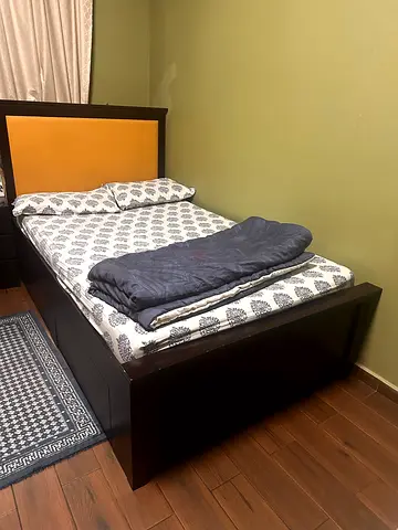 Solid wood double bed frame with headboard - dark finish with storage