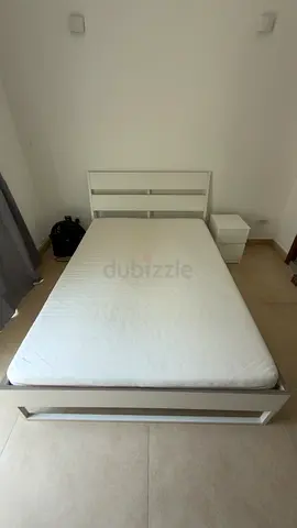 Used IKEA White Double Bed Frame with Mattress and Nightstand - 200 x 140 cm