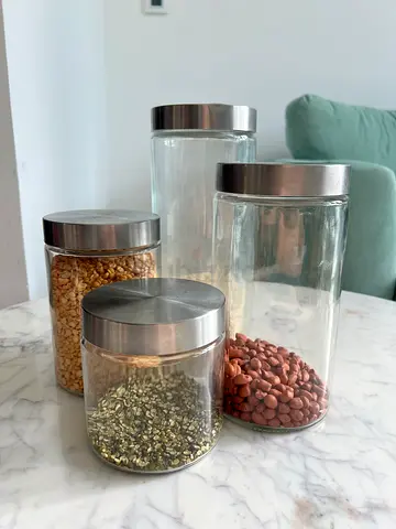 Set of 4 Glass Kitchen Storage Jars with Stainless Steel Lids