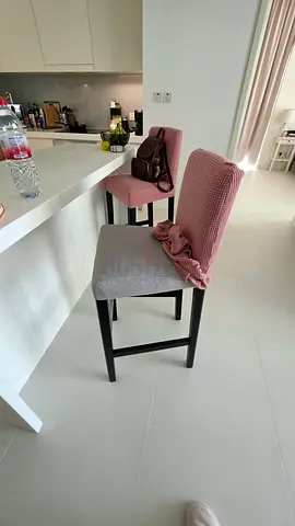 Set of 2 Tall Ikea Bergmund Kitchen Counter Stools with Slipcovers — Light Grey & Pink Covers