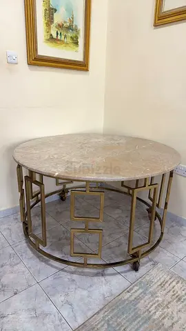Round Marble Top Coffee Table with Geometric Brass Base (on wheels)