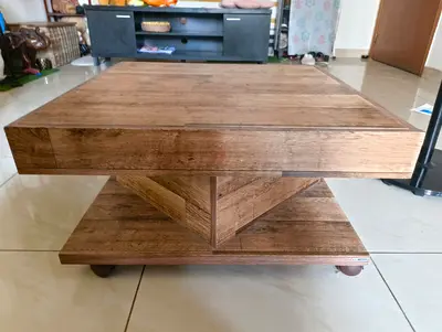 Solid Wood Square Coffee Table with Lower Shelf — Rustic Finish with wheels