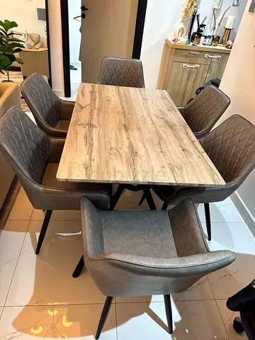 Modern 6-Seater Dining Table with Upholstered Armchairs - Light Wood Top
