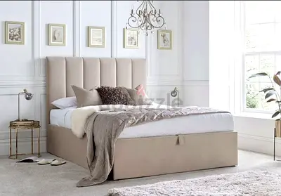 New Beige Upholstered Storage Double with Padded Headboard and Mattress