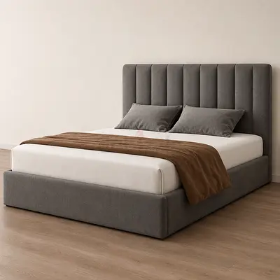 Brand New Grey upholstered Queen Size bed with padded headboard and Mattress