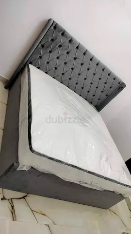 New King Size Fabric Wood Bed With Pillow Top Mattress