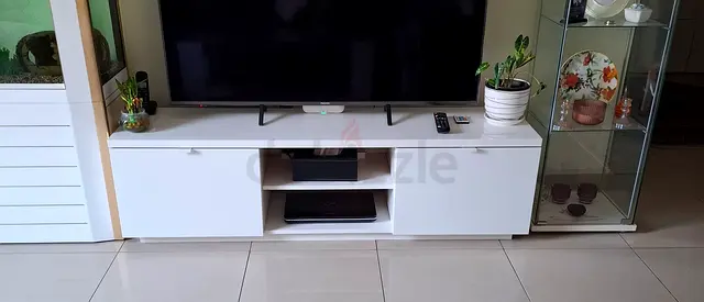 White TV Unit / Entertainment Center - Modern Low Cabinet, Good Condition
