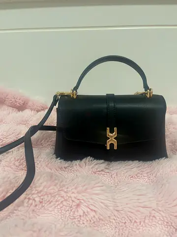 Black leather top-handle bag with gold hardware - small crossbody included