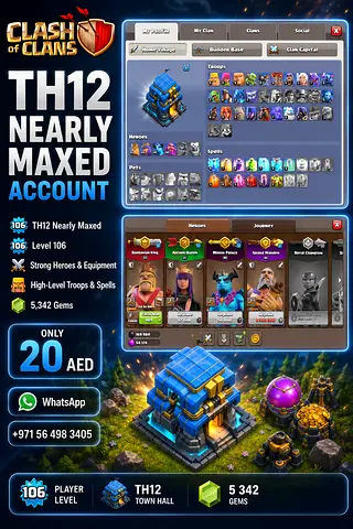 Clash of Clans Account with  Nearly Maxed Troops, Heroes & Spells (Town Hall 12 style)