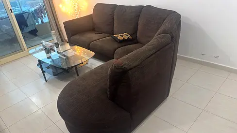 Comfortable Dark Brown L-Shaped Corner Sofa with glass table , samsung LED with console