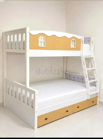 Wooden Bunk Bed with Drawers - White & Beige, Good Condition