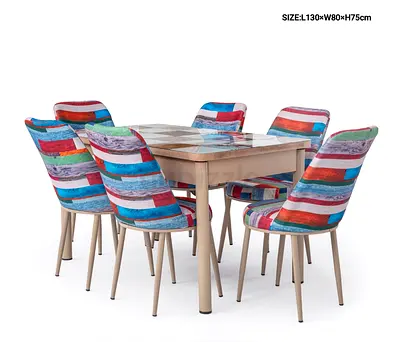 6-Seater Dining Table Set with Colorful Upholstered Chairs (L130 x W80 x H75 cm)