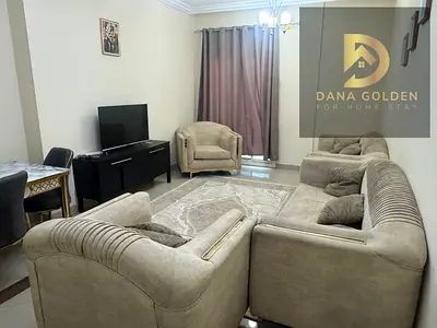 Two bedrooms, two living rooms, three bathrooms, and two balconies for monthly rent in Sharjah, Al Taawun area.