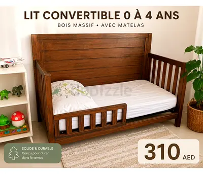 Solid Wood Convertible Toddler Bed with Mattress (0-4 years) - Brown