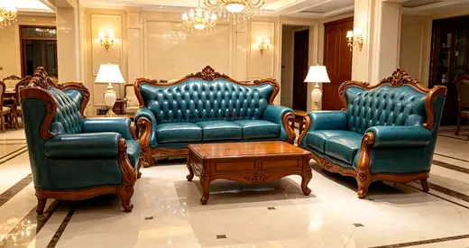 Classic carved wooden frame leather 3-piece living room sofa set with coffee table
