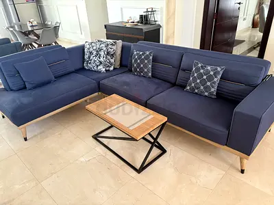 Turkish Modern Blue L-Shaped Sofa Bed with coffee table