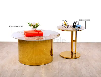 Set of 2 Marble-Top Gold Coffee & Side Tables (80x45cm & 50x53cm)
