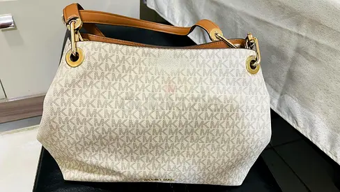 Beige Michael Kors MK Signature Tote with Tan Leather Handles