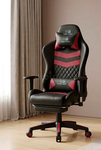 Nordic Gaming Ergonomic Racing Chair with Footrest — Black & Red