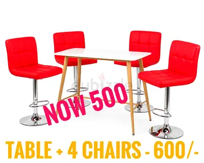 Dining table with 4 red adjustable bar chairs - set of 5 (used)